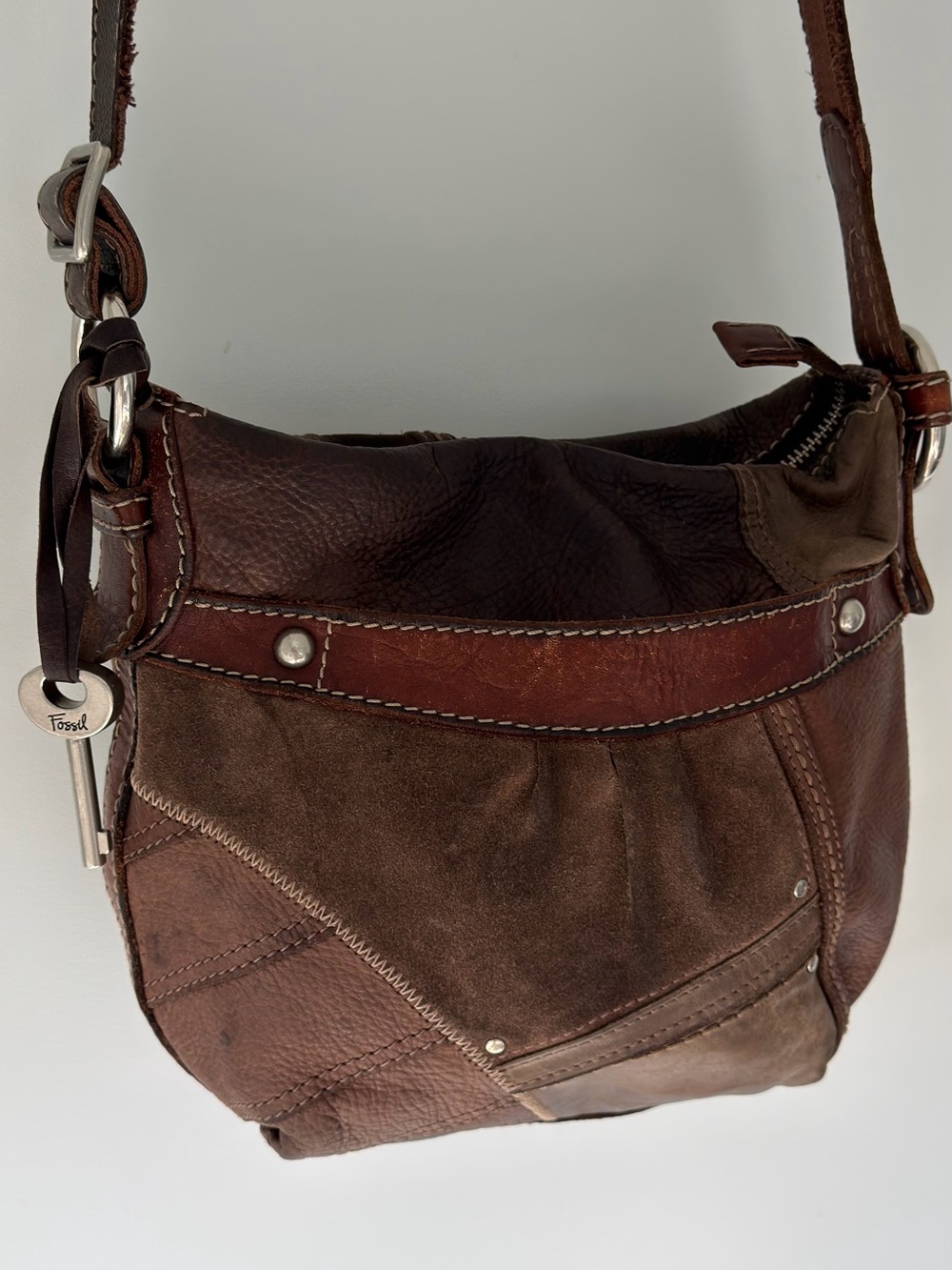 Fossil Patchwork Brown Leather & Suede Messenger Bag